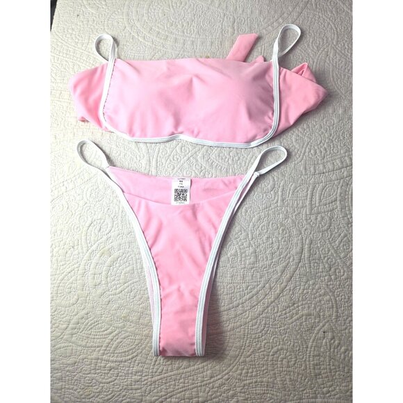 Pink Bikini Swimsuit 2 pc Set*Cheeky*White Trim & Tie Back*Sissy*Cosplay*XL*New - Picture 10 of 10